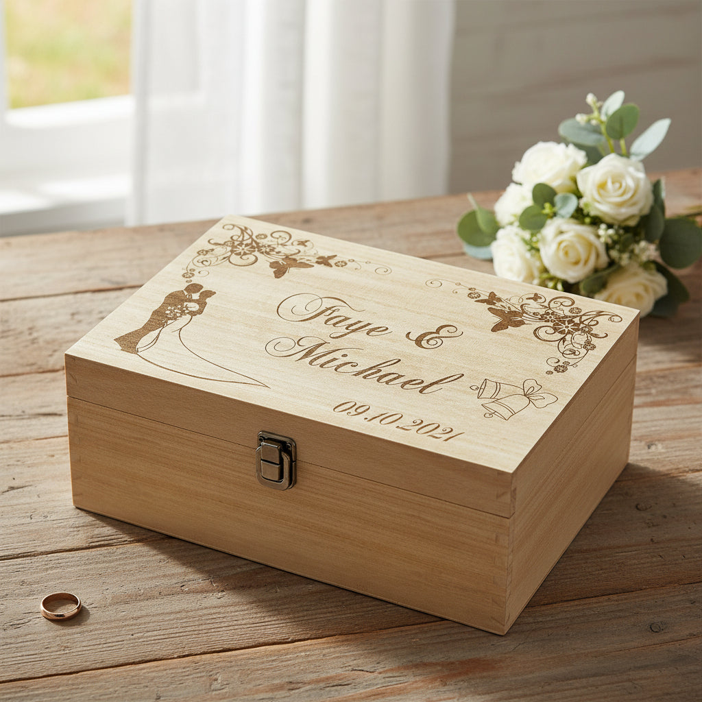 Personalised Large Wedding Floral Design Wooden Memories Keepsake Box Keepsake Memory Box Raised Words