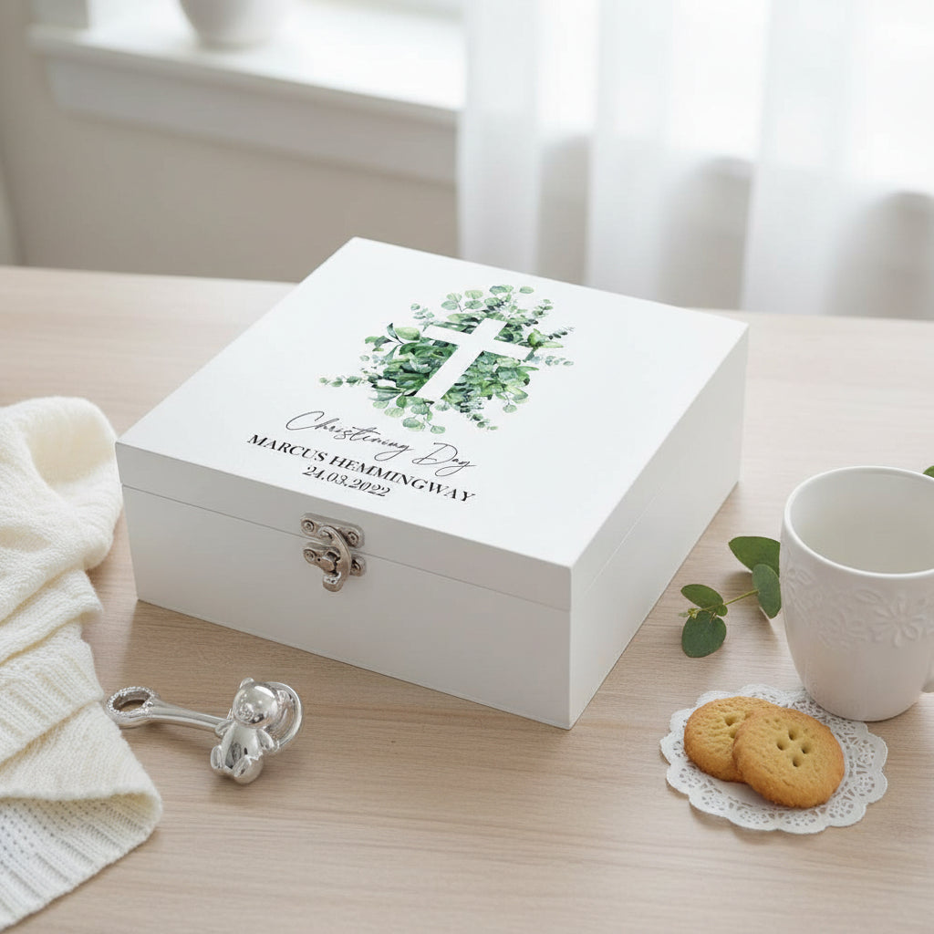 Personalised Christening Wooden Keepsake Wooden Box With Cross and Eucalyptus Keepsake Wooden Box ukgiftstoreonline