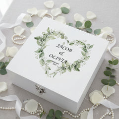 Personalised Luxury Wooden Wedding Box Keepsakes With Floral Green Heart Keepsake Wooden Box ukgiftstoreonline