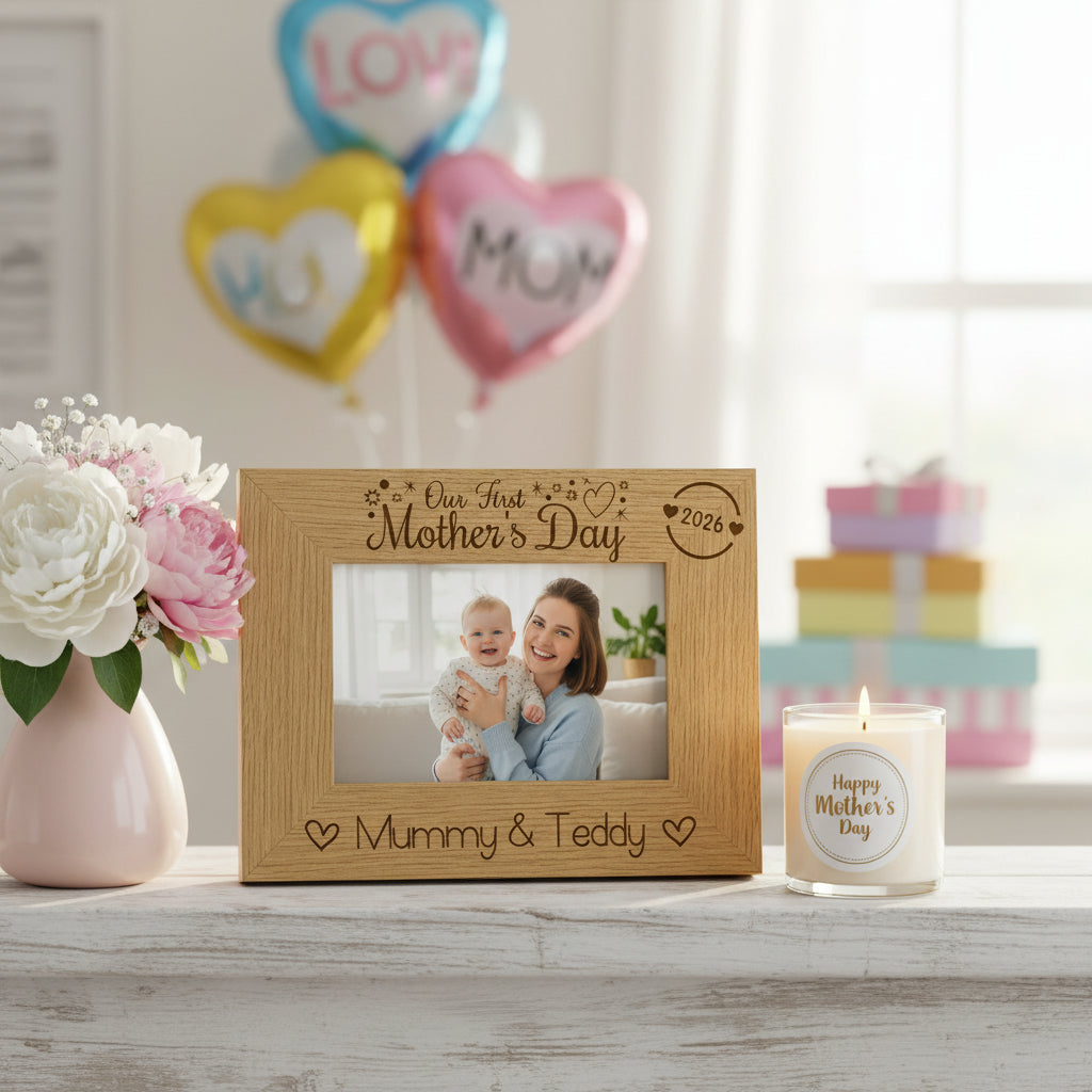 Personalised Our first Mothers Day Engraved Photo Frame Oak wood finish Landscape Photo Frame ukgiftstoreonline 4 x 6 Inch