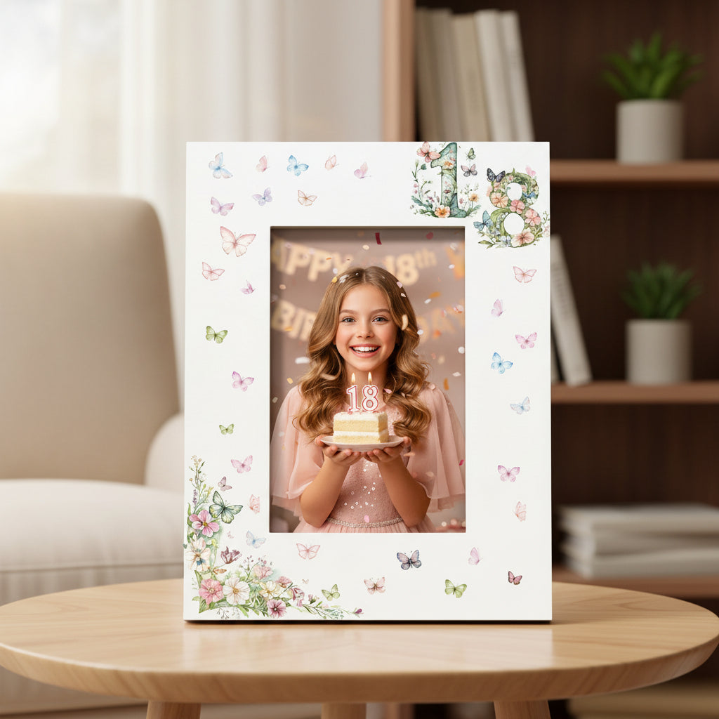 18th Birthday Photo Picture Frame Gift For Her With Butterflies and Flowers