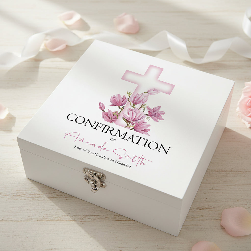 Personalised Confirmation Day Wooden Keepsake Memory Box With Pink Cross Keepsake Boxes ukgiftstoreonline