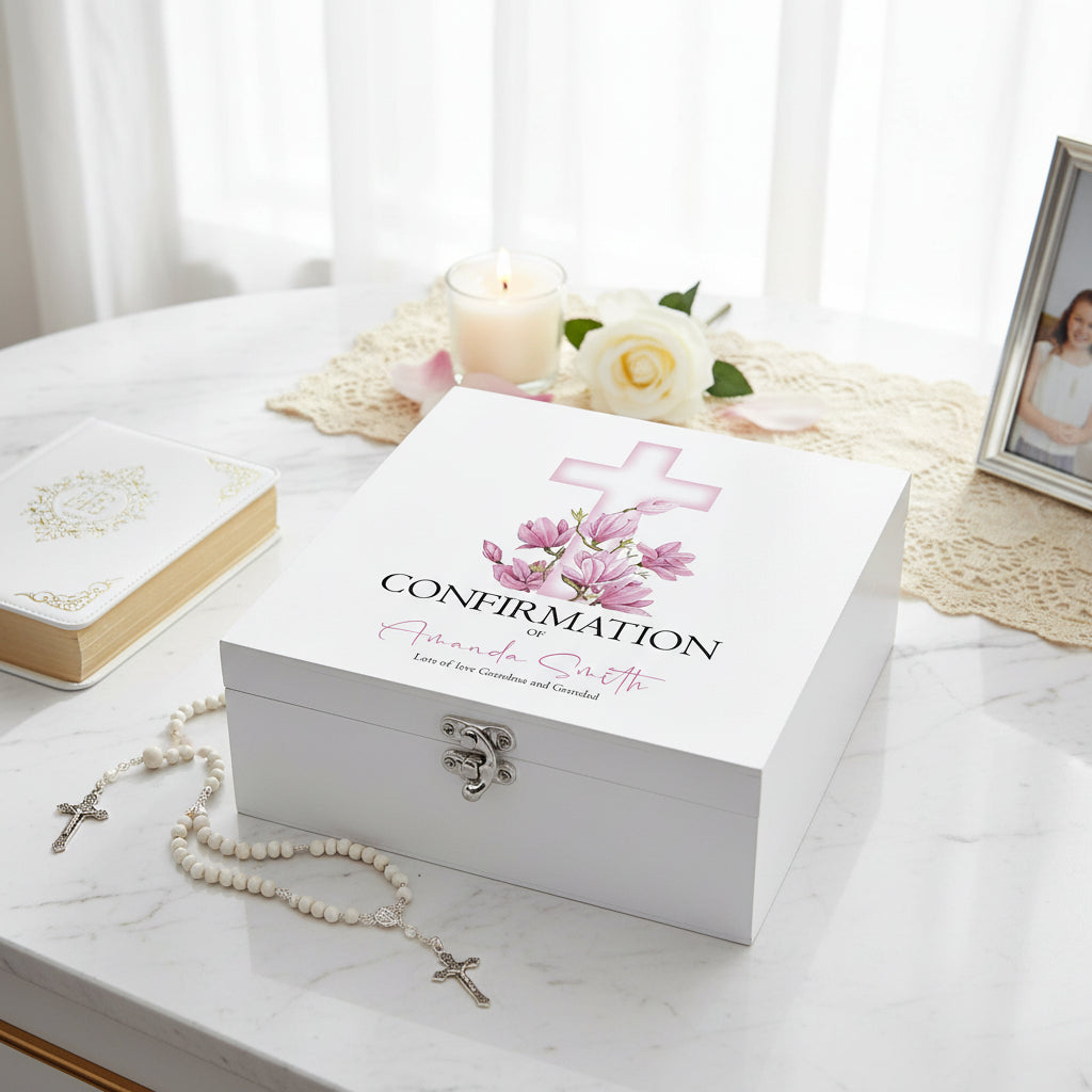 Personalised Confirmation Day Wooden Keepsake Memory Box With Pink Cross Keepsake Boxes ukgiftstoreonline