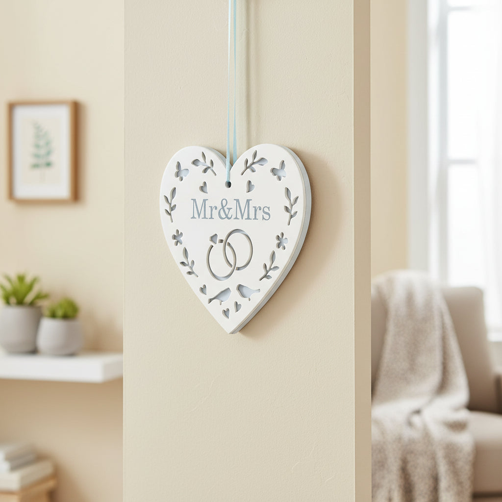 Personalised Wedding 'Mr & Mrs' Wooden Heart With Birds and Rings wedding horseshoe ukgiftstoreonline