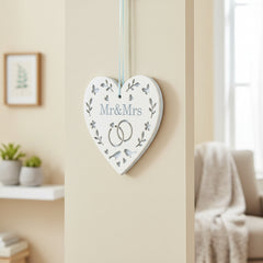Personalised Wedding 'Mr & Mrs' Wooden Heart With Birds and Rings wedding horseshoe ukgiftstoreonline