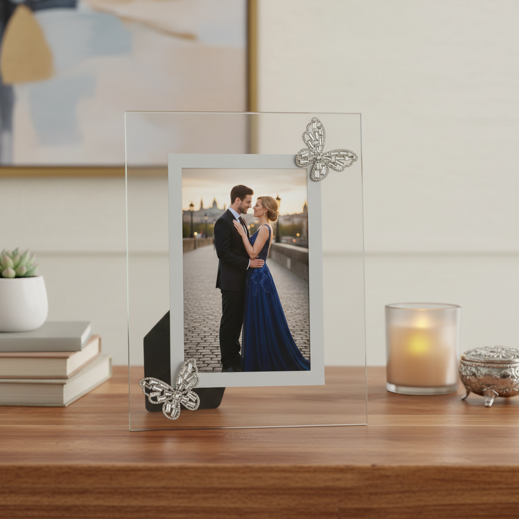 Beautiful Glass Photo Frame 4" x 6" With Jeweled Butterflies For Wedding Engagement or Anniversaries photo frame ukgiftstoreonline