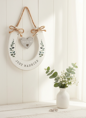 Wedding 'You and Me' 'Just Married' Wooden Horseshoe with Hearts wedding horseshoe ukgiftstoreonline
