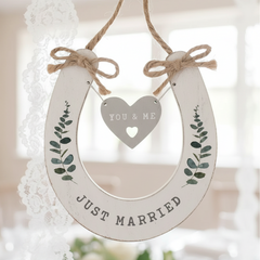 Wedding 'You and Me' 'Just Married' Wooden Horseshoe with Hearts wedding horseshoe ukgiftstoreonline