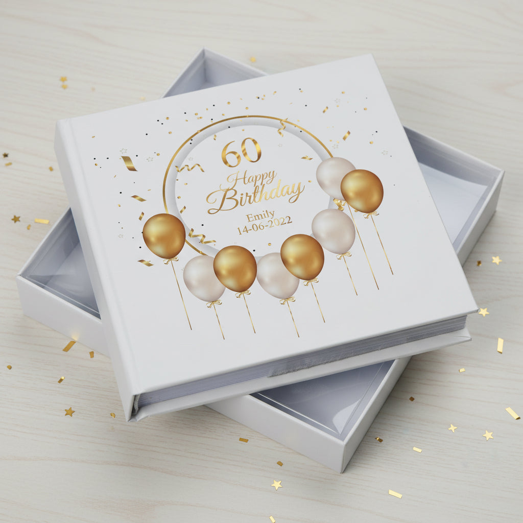 Personalised 60th Birthday Photo Album Gift With Gold Balloons Birthday Photo Album ukgiftstoreonline