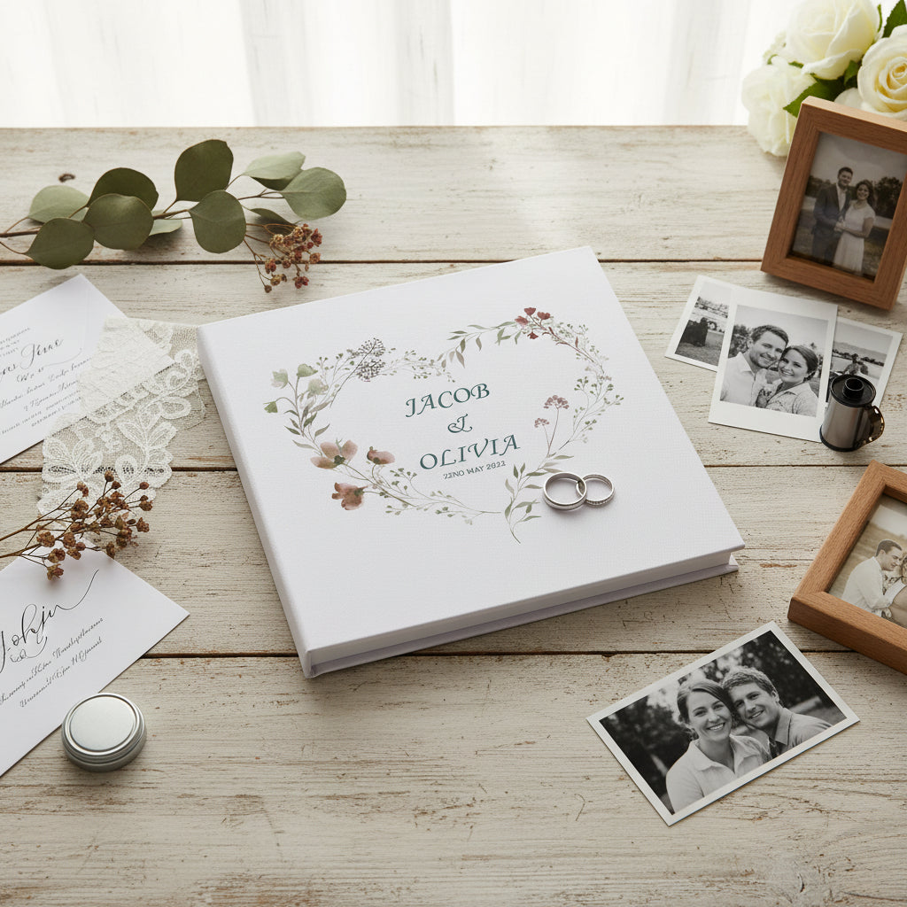 Personalised Large Linen Cover Wedding Photo Album Watercolour Flowers Heart photo album ukgiftstoreonline