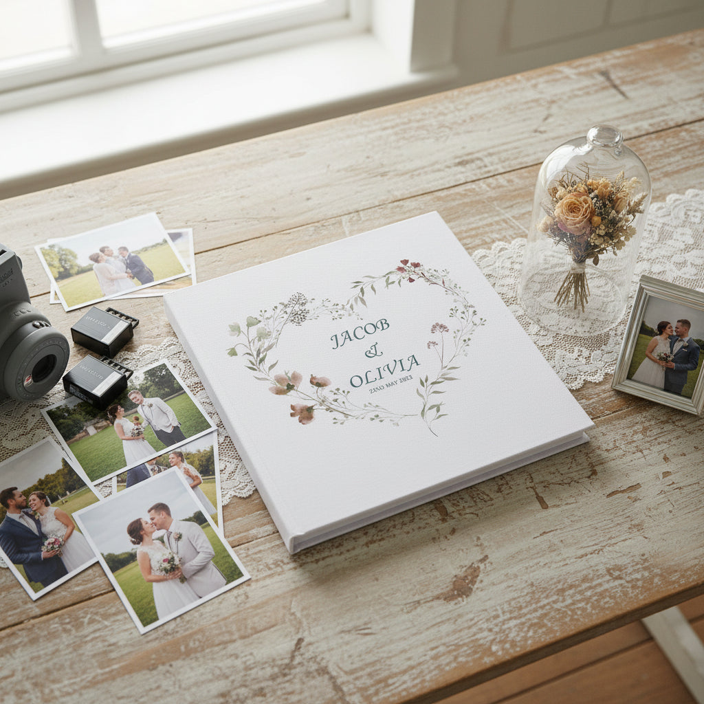 Personalised Large Linen Cover Wedding Photo Album Watercolour Flowers Heart photo album ukgiftstoreonline