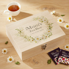 Personalised Mum's Compartment Tea Box With Chamomile Flowers Tea Box Raised Words