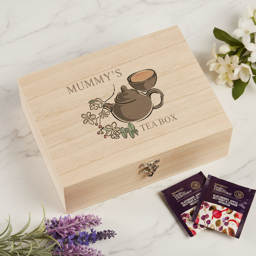 Personalised Any Name Compartment Tea Box With Floral Design Tea Box Raised Words