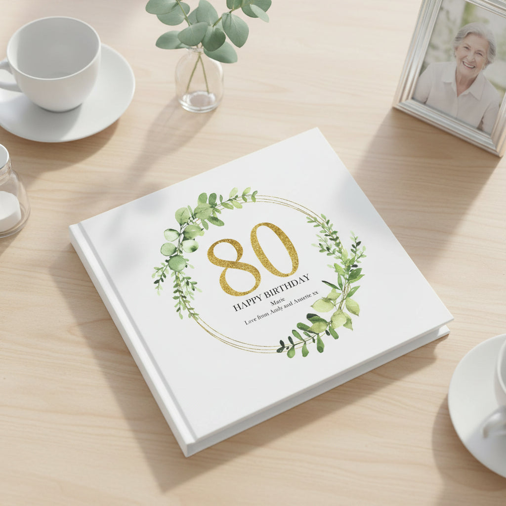 Personalised 80th Birthday Gift for her Photo Album Gold Wreath Design personalised photo album ukgiftstoreonline