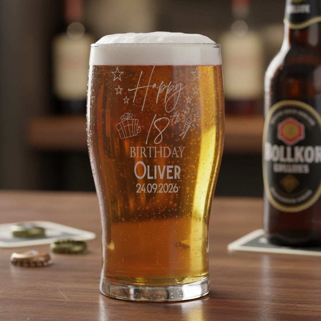 18th Birthday Personalised Engraved Beer Glass Gift for Him with Star Design personalised beer glasses ukgiftstoreonline