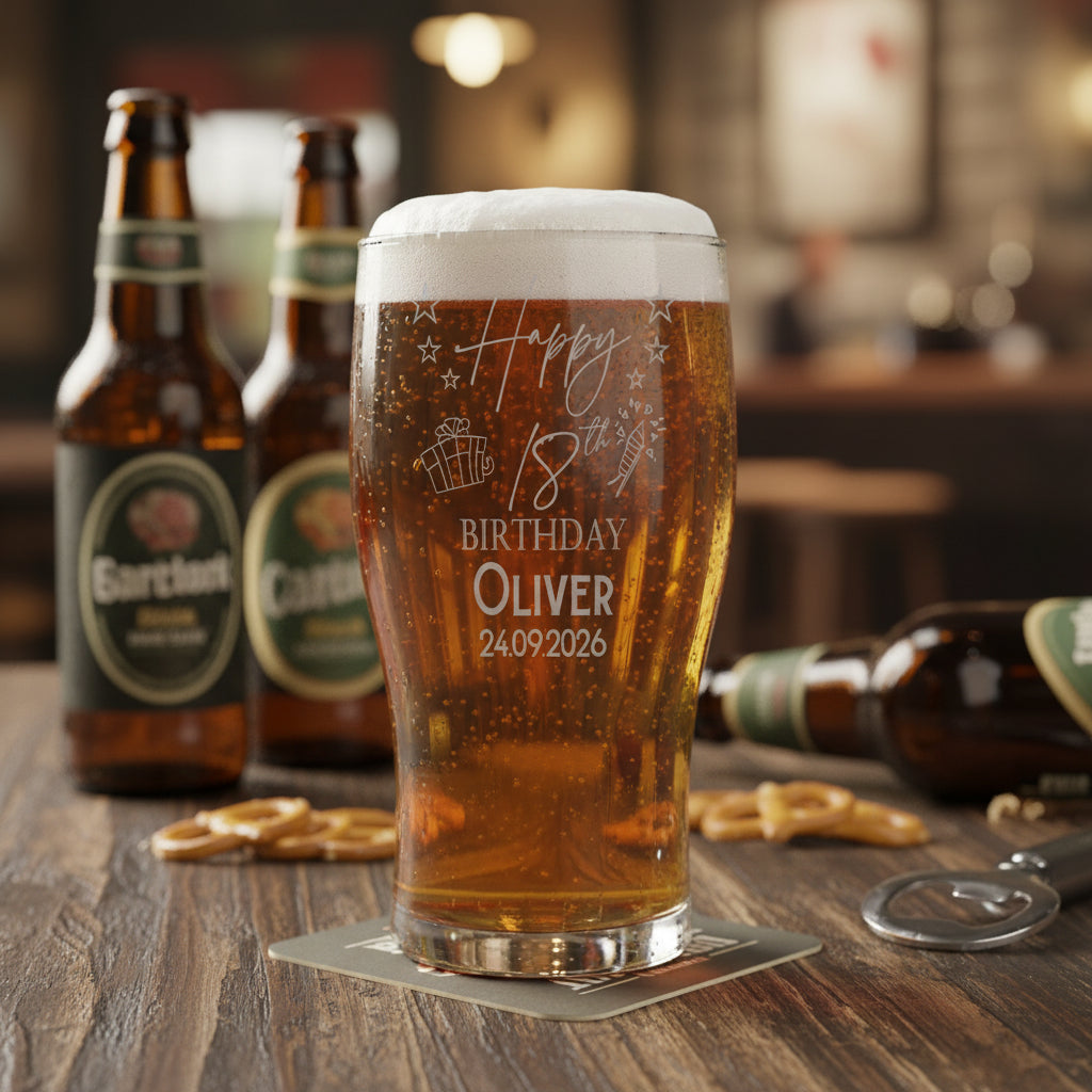 18th Birthday Personalised Engraved Beer Glass Gift for Him with Star Design personalised beer glasses ukgiftstoreonline