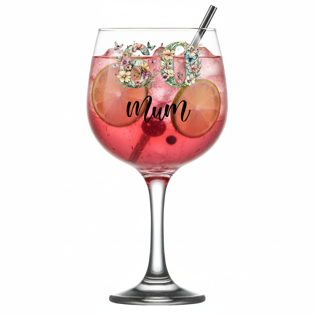 Personalised 60th Birthday Cocktail Gin Glass Gift For Her With Flowers and Butterflies Personalised Gin Glasses ukgiftstoreonline