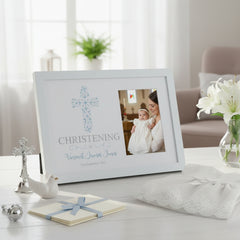 Personalised Christening Boy Gift Blue Ornate Cross Design Photo Frame Keepsake Christening Photo Frame ukgiftstoreonline