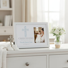 Personalised Christening Boy Gift Blue Ornate Cross Design Photo Frame Keepsake Christening Photo Frame ukgiftstoreonline