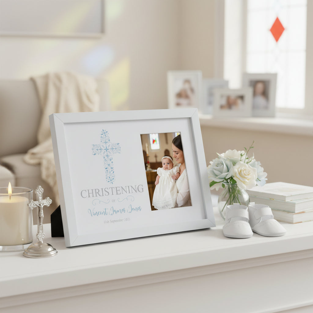 Personalised Christening Boy Gift Blue Ornate Cross Design Photo Frame Keepsake Christening Photo Frame ukgiftstoreonline