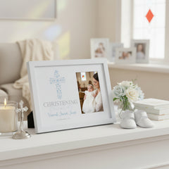 Personalised Christening Boy Gift Blue Ornate Cross Design Photo Frame Keepsake Christening Photo Frame ukgiftstoreonline