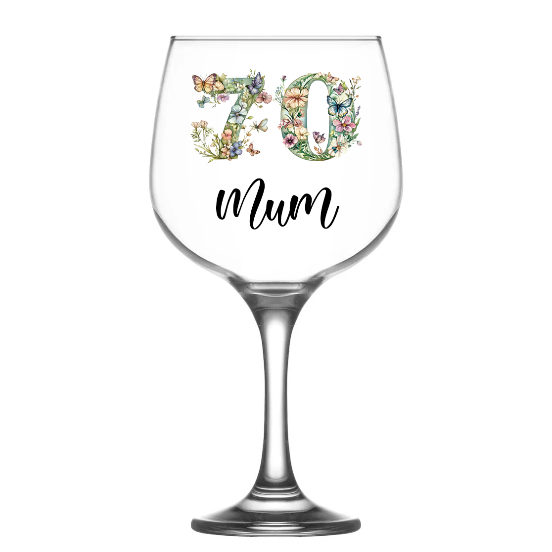 Personalised 70th Birthday Cocktail Gin Glass Gift For Her With Flowers and Butterflies
