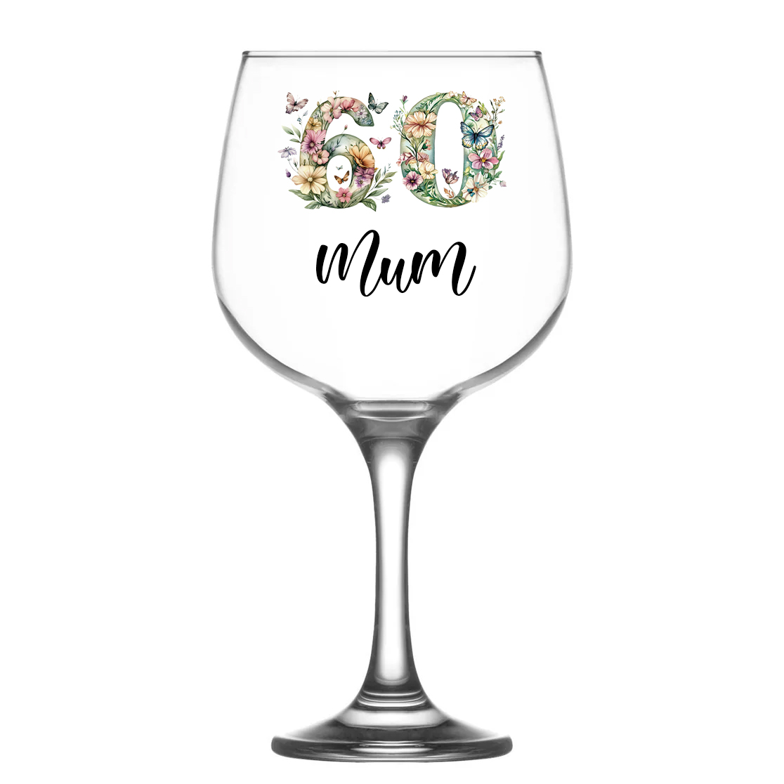 Personalised 60th Birthday Cocktail Gin Glass Gift For Her With Flowers and Butterflies Personalised Gin Glasses ukgiftstoreonline