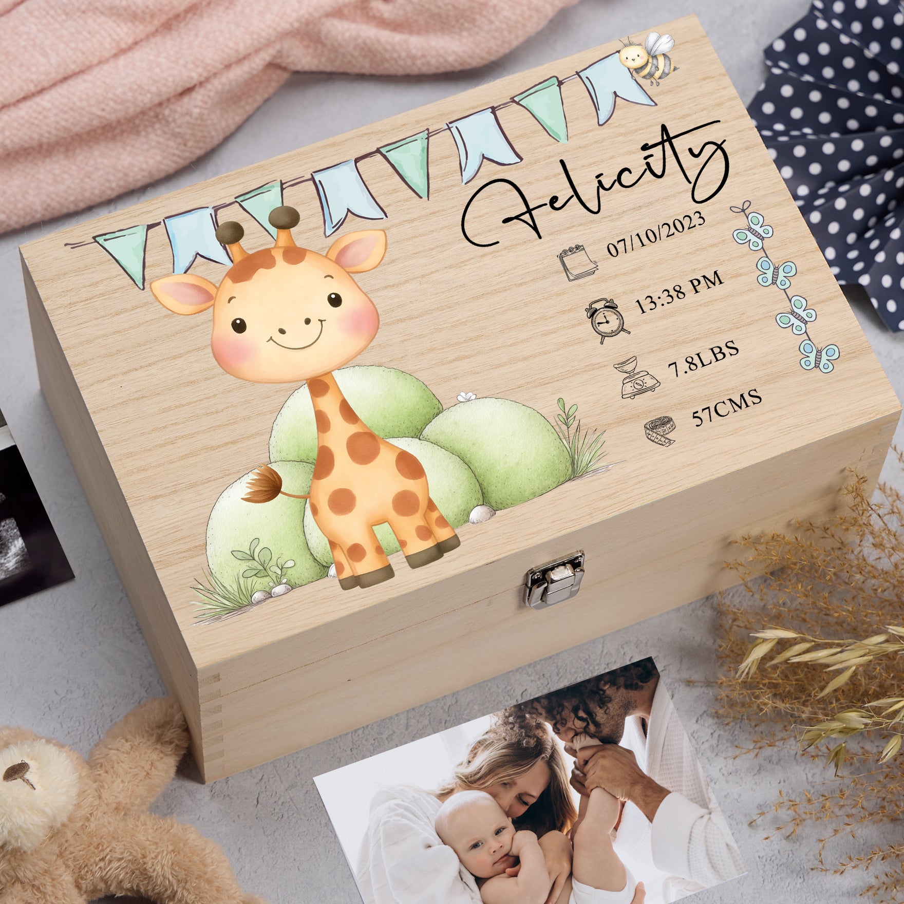 Personalised Wooden Baby Memory Keepsake Box With Cute Animals