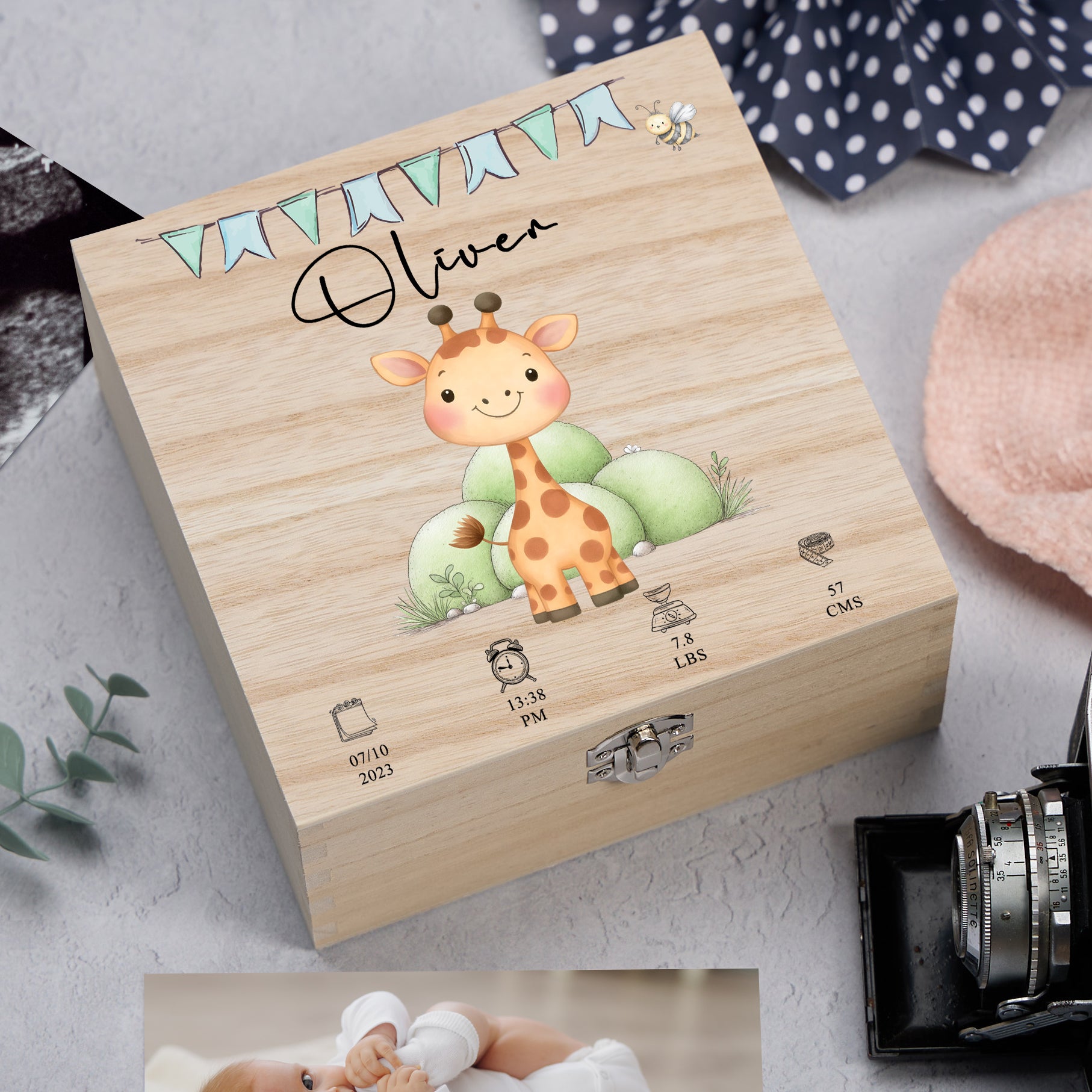 Personalised Wooden Baby Memory Keepsake Box With Cute Animals