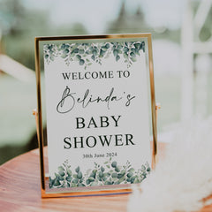 Personalised Baby Shower Celebration Table Sign Eucalyptus Leaves