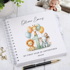 Personalised Baby Boy or Girl Scrapbook Safari Animals Design Scrapbook Memories of My First Year Birthday Album