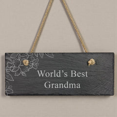 Personalised Hanging Slate Sign Gift Any Text Engraved With Flowers