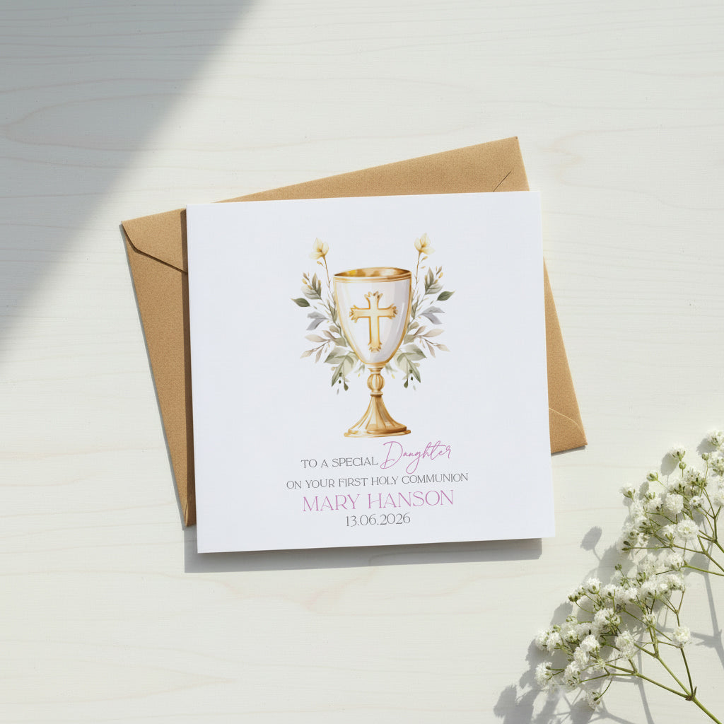Personalised Daughter First Holy Communion Luxury Linen Card With Host ukgiftstoreonline
