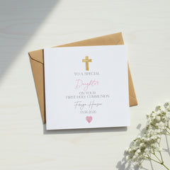 Personalised Daughter First Holy Communion Luxury Linen Card With Cross ukgiftstoreonline