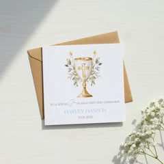 Personalised Son First Holy Communion Luxury Linen Card With Host ukgiftstoreonline