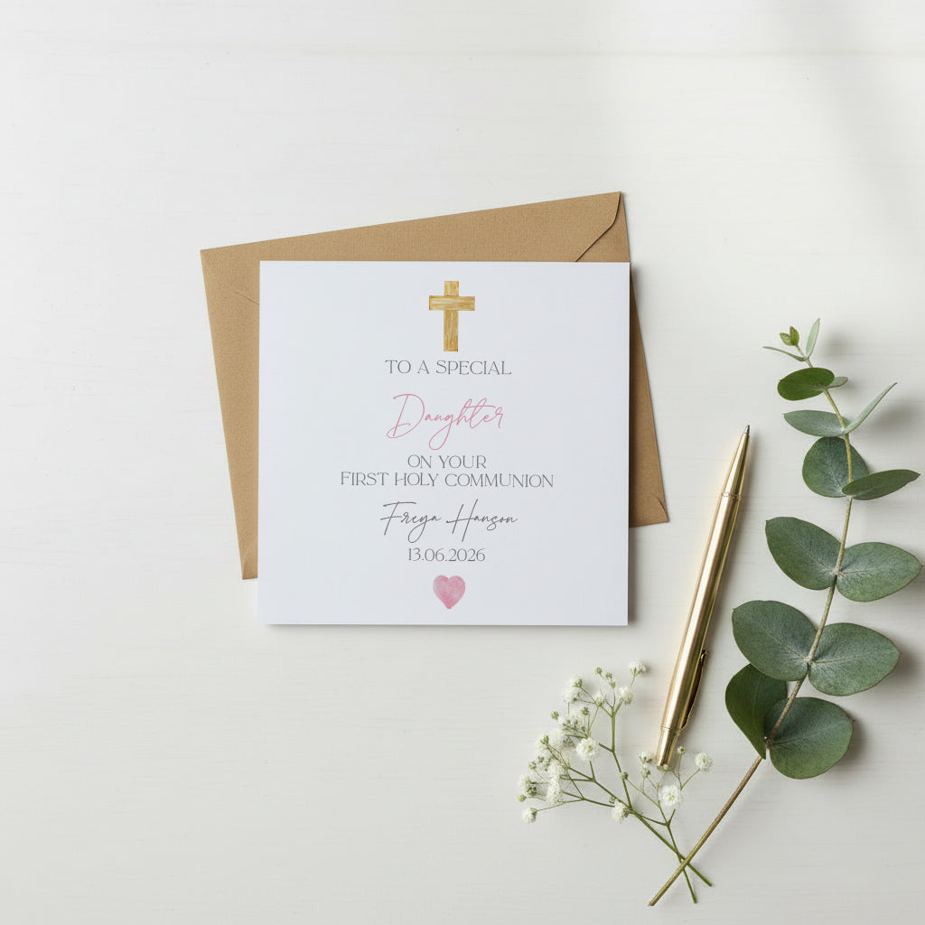 Personalised Daughter First Holy Communion Luxury Linen Card With Cross ukgiftstoreonline