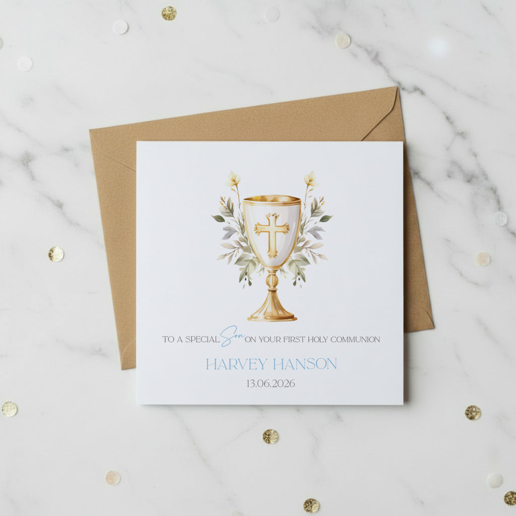 Personalised Son First Holy Communion Luxury Linen Card With Host ukgiftstoreonline