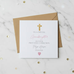 Personalised Granddaughter First Holy Communion Luxury Linen Card With Cross ukgiftstoreonline