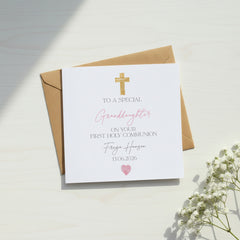 Personalised Granddaughter First Holy Communion Luxury Linen Card With Cross ukgiftstoreonline
