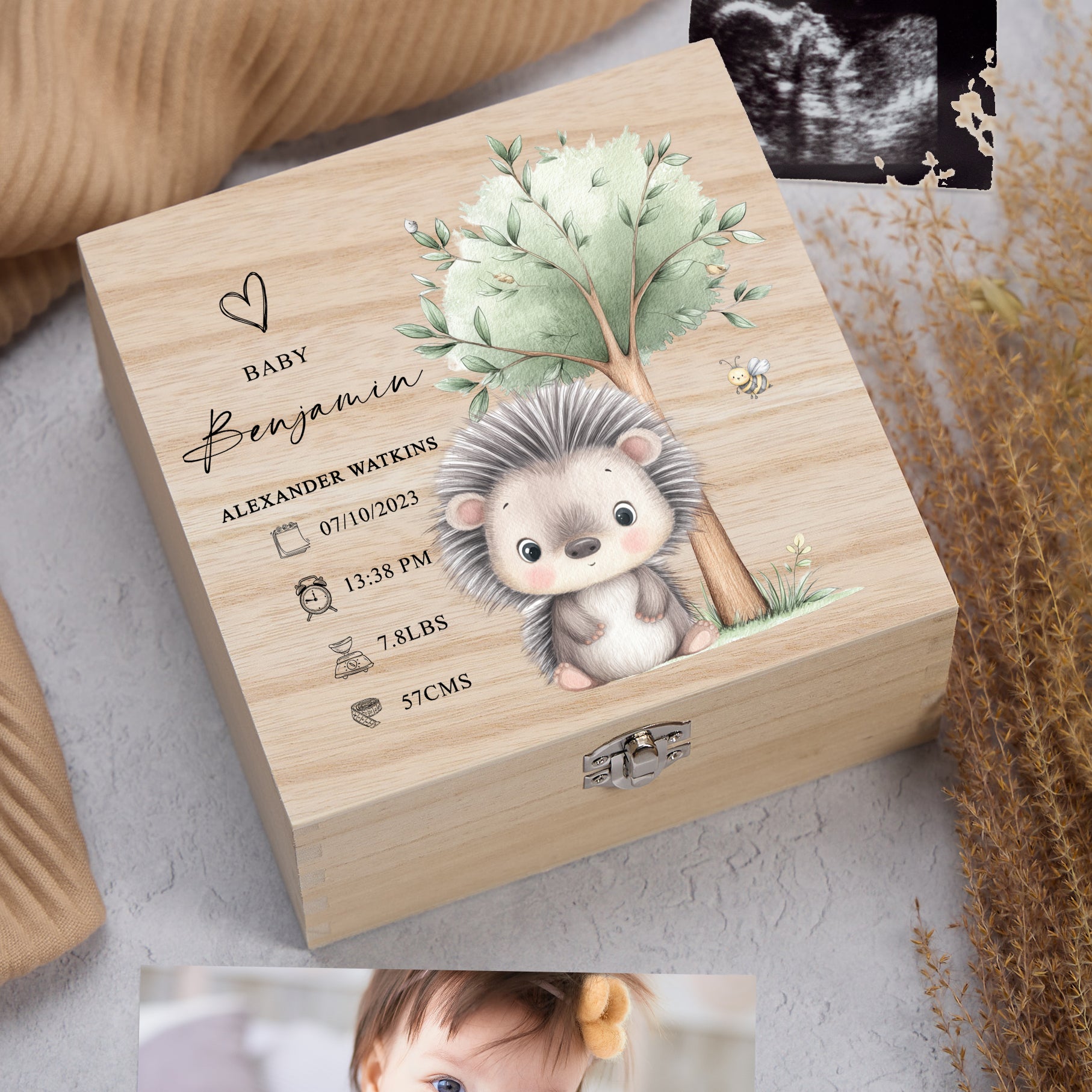 Personalised Wooden Baby Memory Keepsake Box With Furry Cute Boho Animals