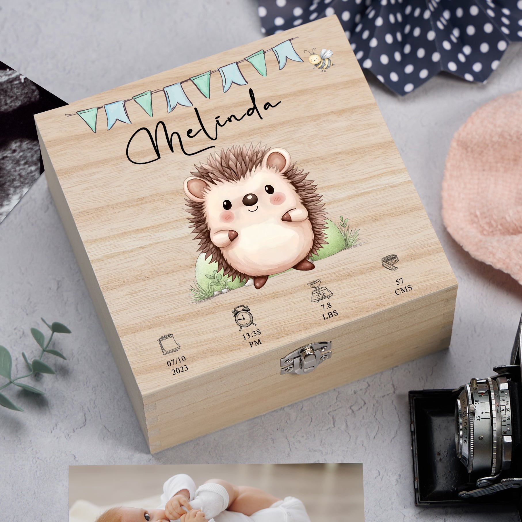 Personalised Wooden Baby Memory Keepsake Box With Cute Animals