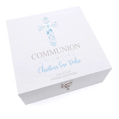 Personalised Communion Blue Ornate Cross Design Keepsake Wooden Box ukgiftstoreonline