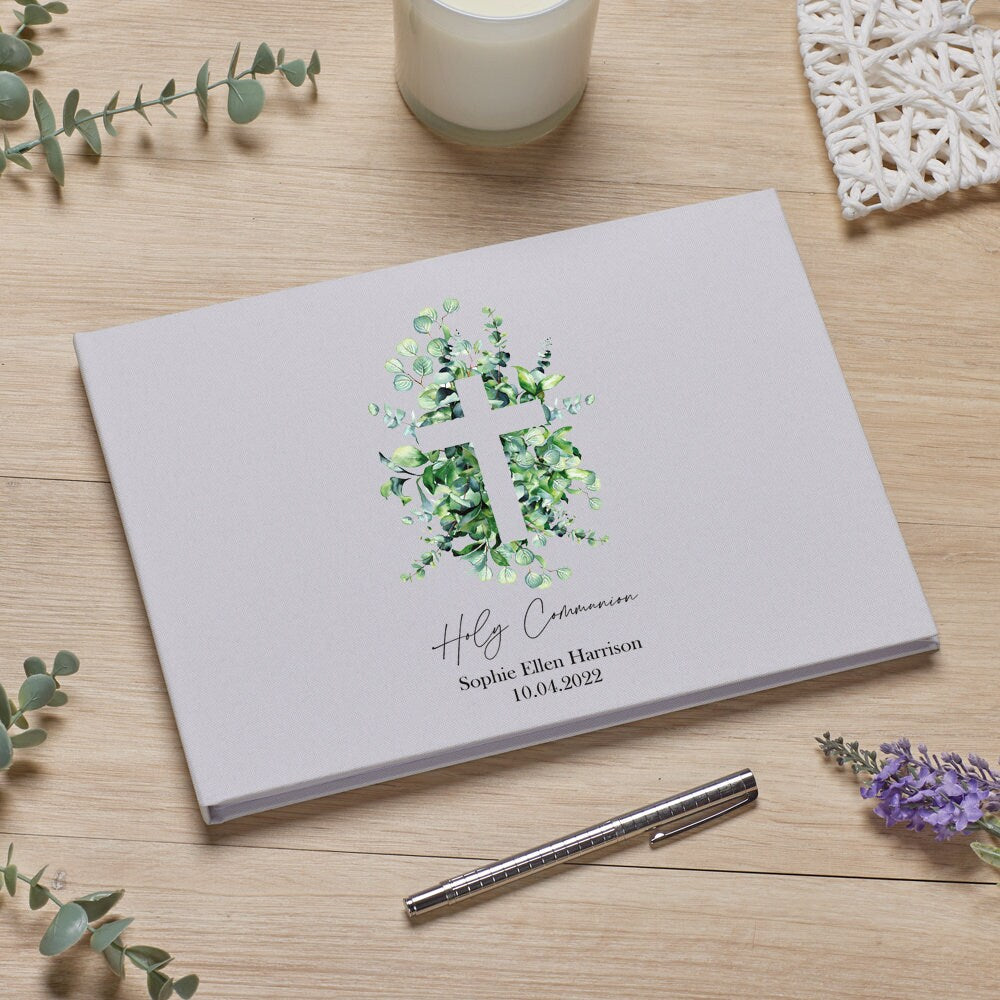 Personalised Linen Communion Guest Book Printed With Cross and Leaves ukgiftstoreonline