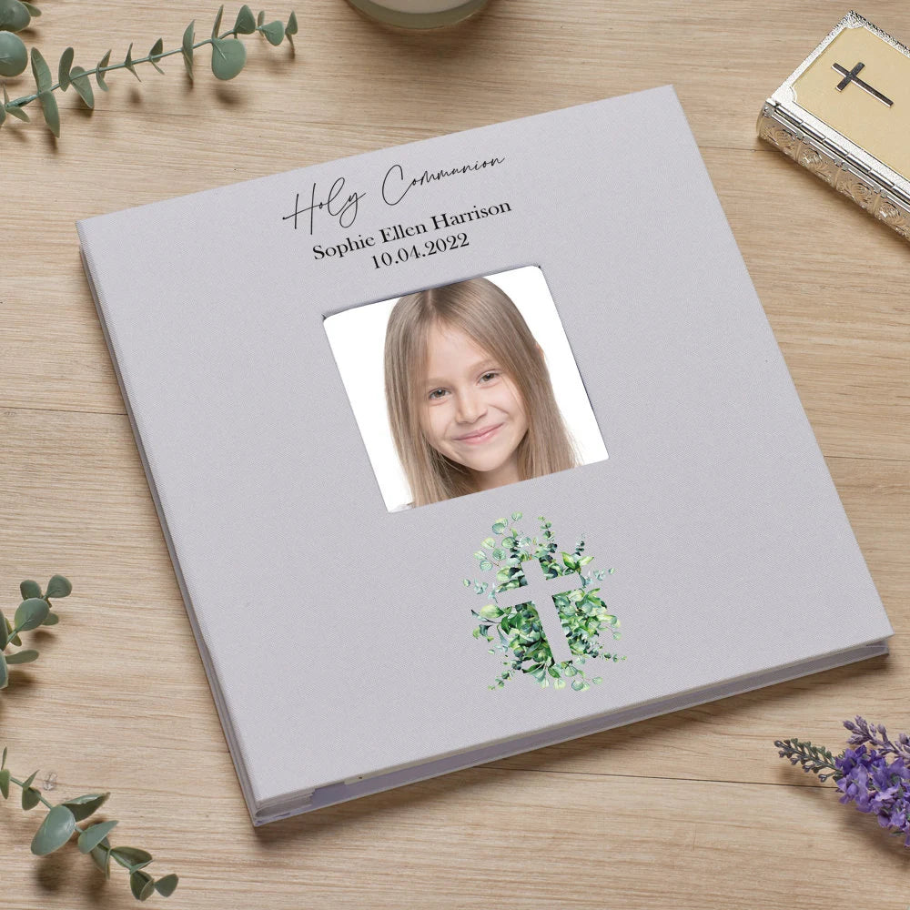 Personalised Holy Communion Photo Album Linen Cover Leaf and Cross ukgiftstoreonline