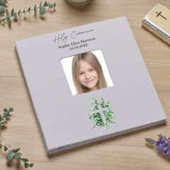 Personalised Holy Communion Photo Album Linen Cover Leaf and Cross ukgiftstoreonline