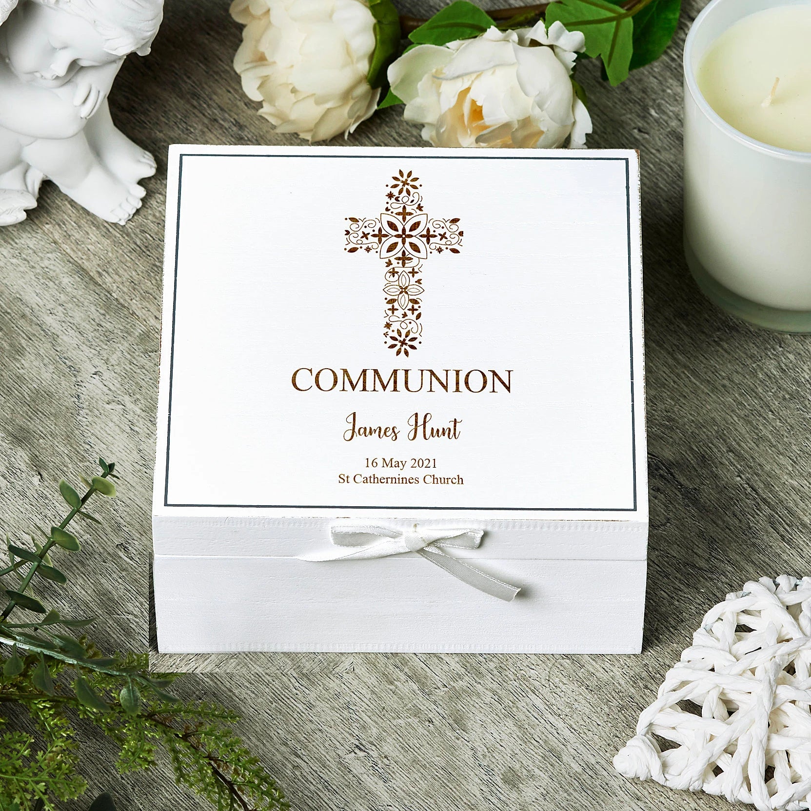 Personalised Communion White Keepsake Box With Floral Cross Design ukgiftstoreonline