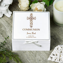Personalised Communion White Keepsake Box With Floral Cross Design ukgiftstoreonline