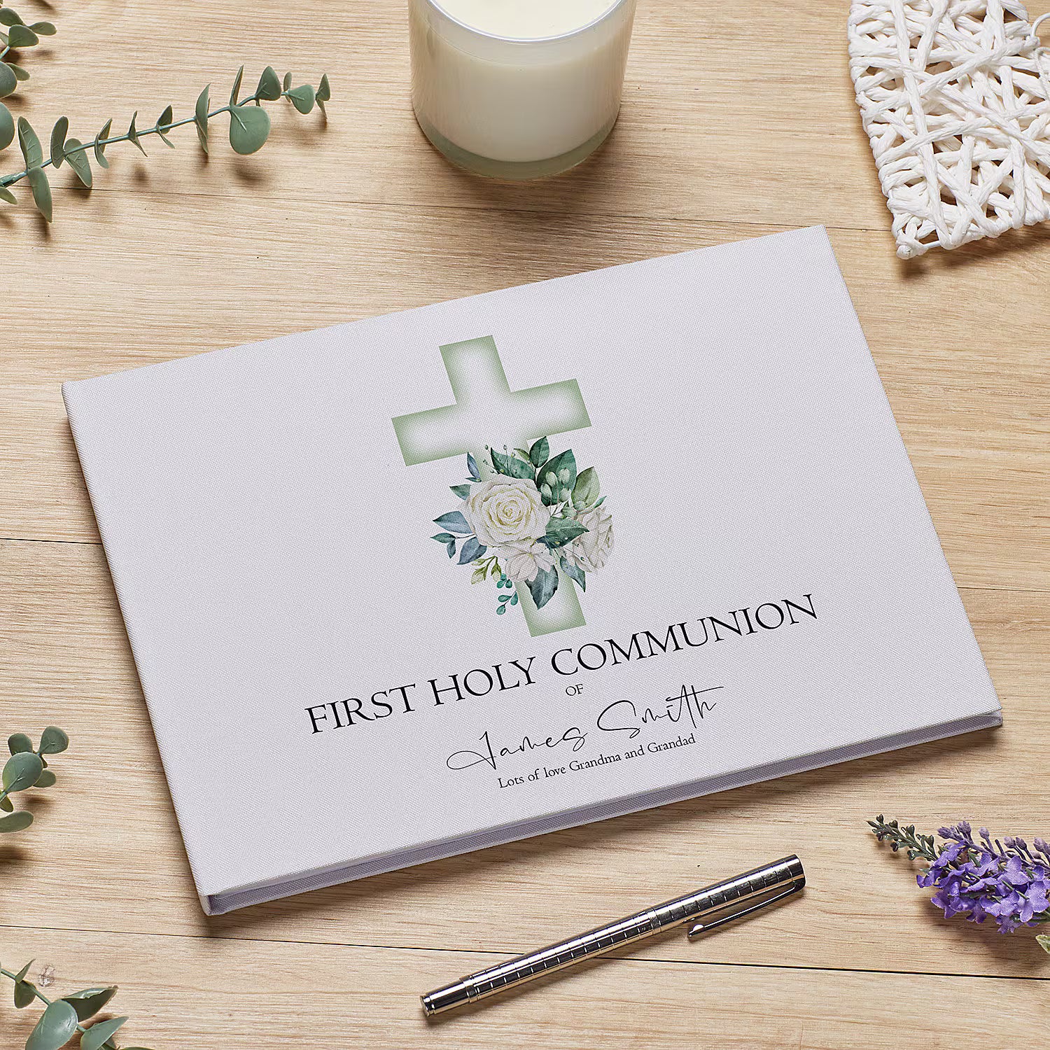 Personalised Large A4 Communion Guest Book Green Cross Linen Cover ukgiftstoreonline