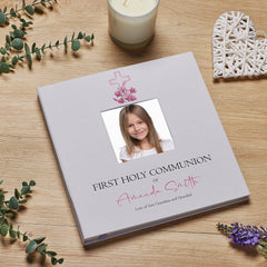 Personalised Communion Photo Album Linen Cover With Pink Cross ukgiftstoreonline
