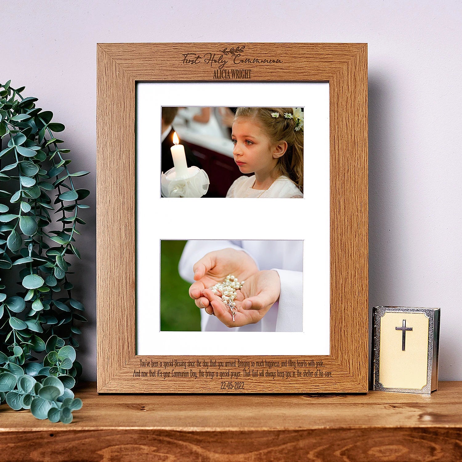 First Holy Communion Photo Frame Landscape Double 6x4 Inch Brown Personalised ukgiftstoreonline